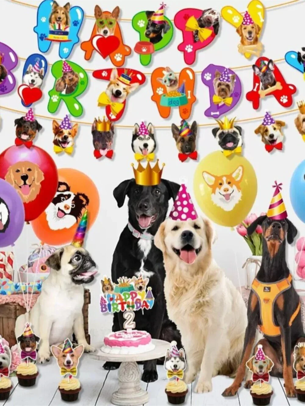 Dog Colorful Themed Birthday Party Decorations Set – Banner, Garland & Toppers